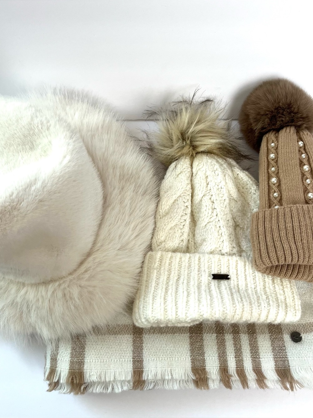Winter Bundle Hollister Pom Pom Knit Beanie Pearls 4 Pieces FRASS Scarf